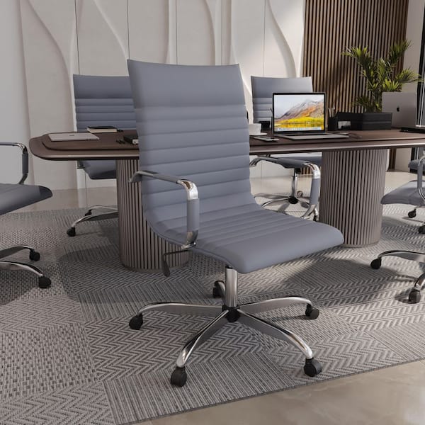 Leisuremod Harris High-Back Leather Office Chair Chrome Frame Adjustable Height, Swivel, Tilt Conference Chair in Grey