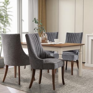 Comfy Gray Linen Channel Tufted Upholstered Dining Chairs Set of 4 with Solid Wood Legs