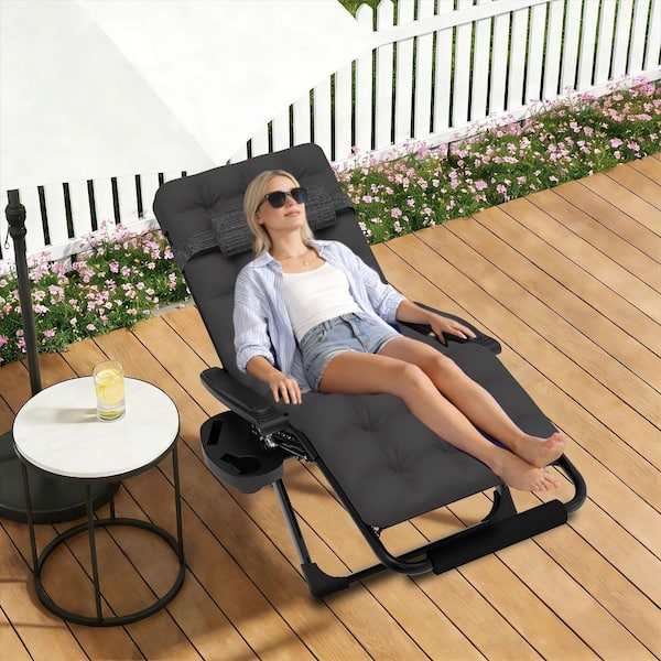 Zero Gravity Lounge Chair-Foldable Alloy Steel Recliner with Adjustable Headrest with Dark Gray Cushion for Patio, Lawn