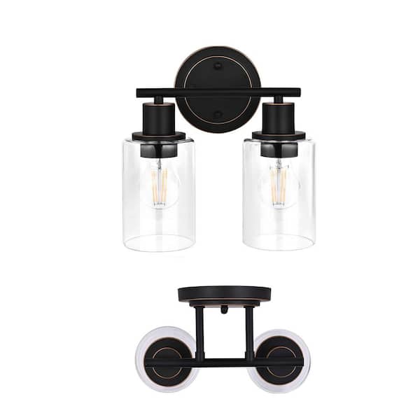 Hukoro GLA 10.44 in. 2-Light Bronze Vanity Light Fixture with Clear Glass Shade