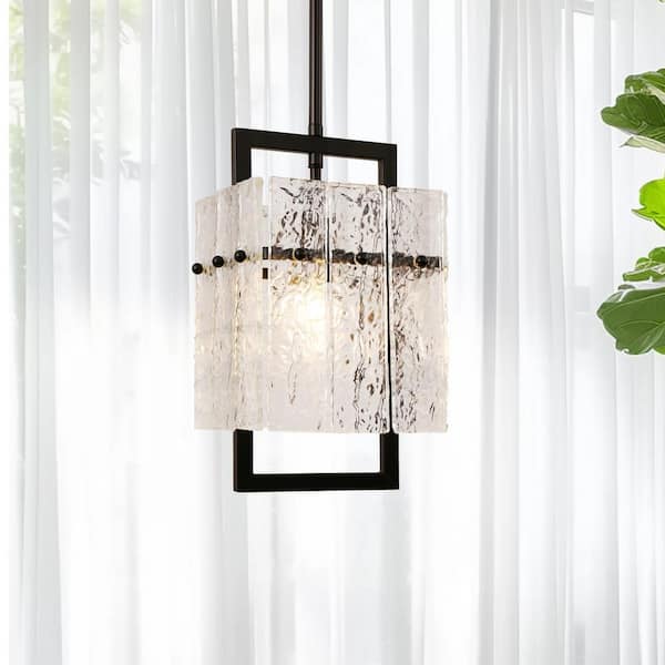 YANSUN 7 in.1-Light Black Pendant Light with Seeded Glass Shade, Adjustable Height Rectangle Chandelier for Kitchen Island