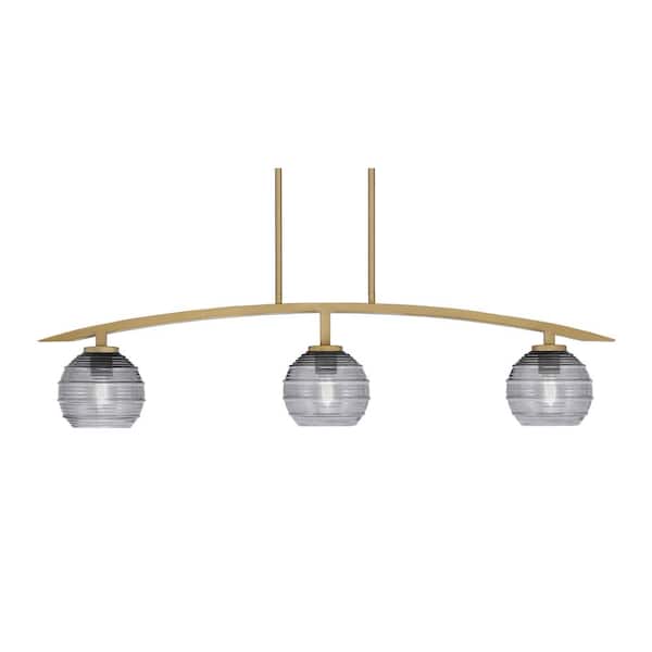 Unbranded Siena 3-Light, Brass, Linear Chandelier, Any room with Smoke Ribbed Glass Shades