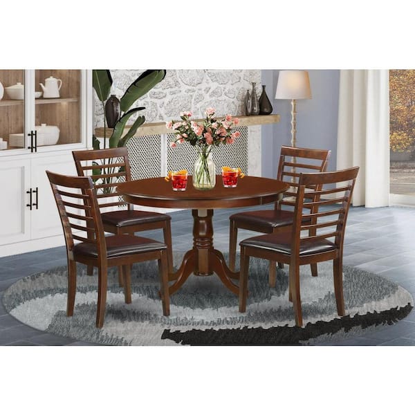 East West Furniture 5-Piece Round Mahogany Finish Solid Wood Top Dining table with 4 Chairs with Lattice Back