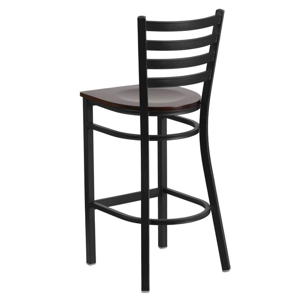 Walnut Wood and Black Metal Ladder Back Barstool
