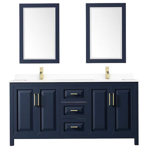 Wyndham Collection Daria 72 in. W x 22 in. D Double Vanity in Dark Blue with Cultured Marble Vanity Top in White with Basins and Mirrors