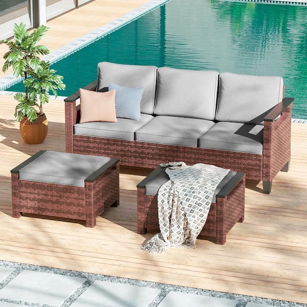 JOYESERY 3-Pieces Brown PE Wicker Linen Grey Cushions Patio Conversation Set Wide Armrests High Back Sofa Design