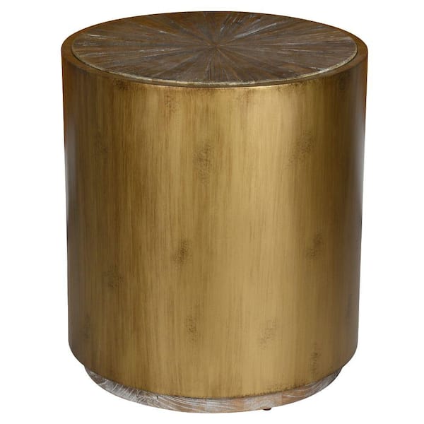 Benjara 22 in. Brown and Gold Round Wood End Table with Metal Frame