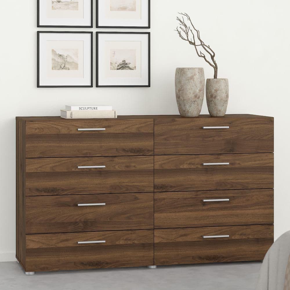 Walnut 8 Drawer Double Dresser with Metal Handles