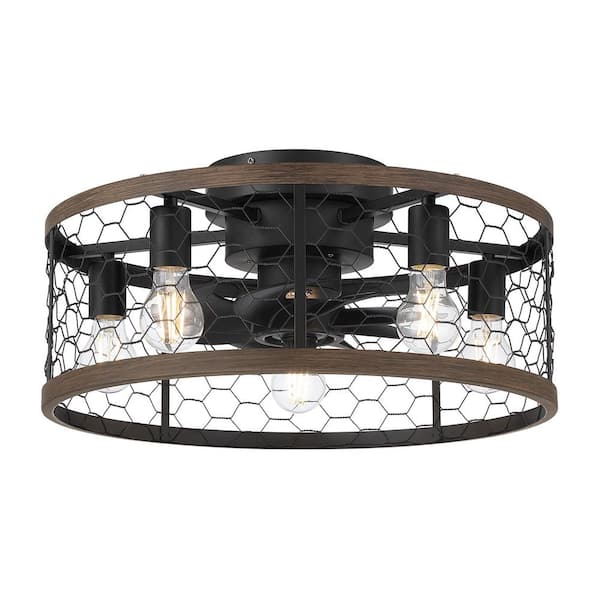 Chickora 20 in. 5-Light Indoor Matte Black with Chestnut Wood Accent Fandelier with Remote Control, Bulbs Not Included