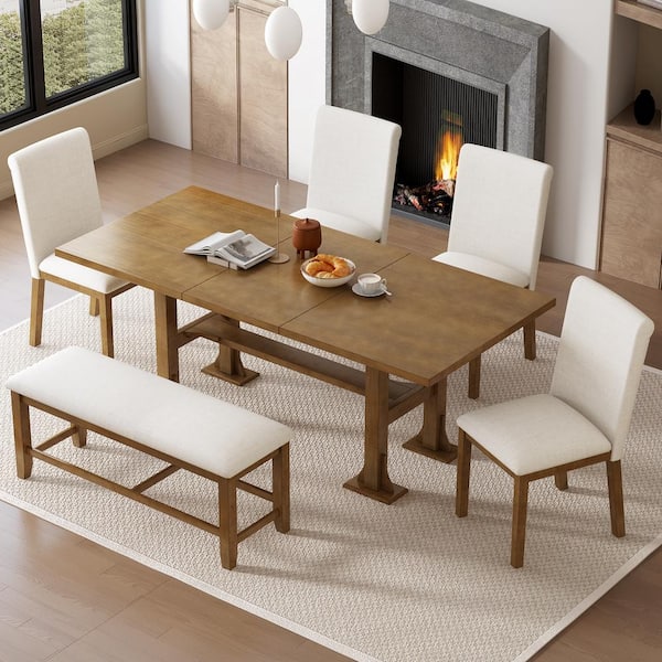 Harper & Bright Designs 6-Piece Dark Brown Wood Top Extendable Dining Set with 4-Upholstered Chairs and 1-Beige Bench