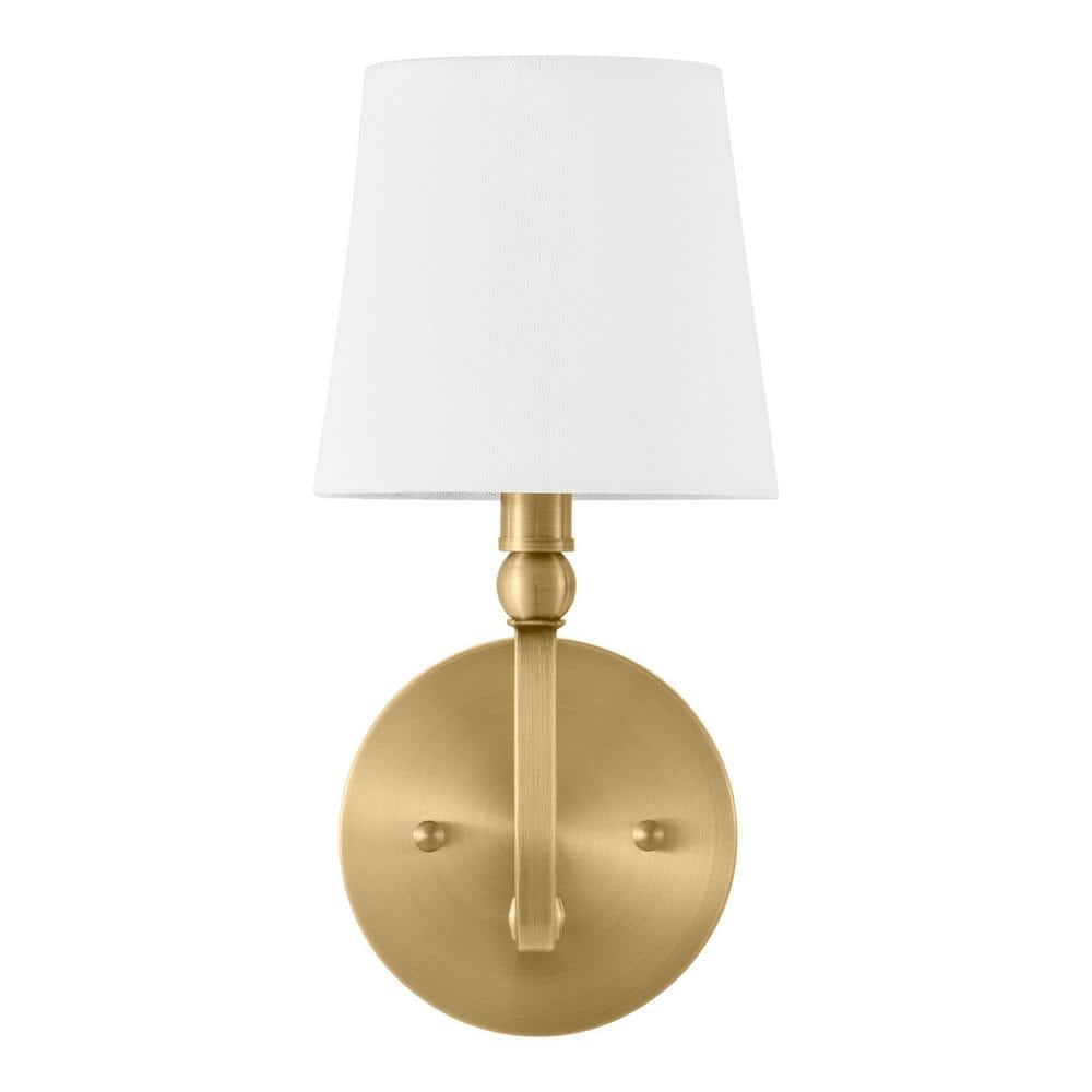 Hampton Bay Canterwood 1-Light Brass Indoor Wall Sconce Light Fixture with Tapered Fabric Shade