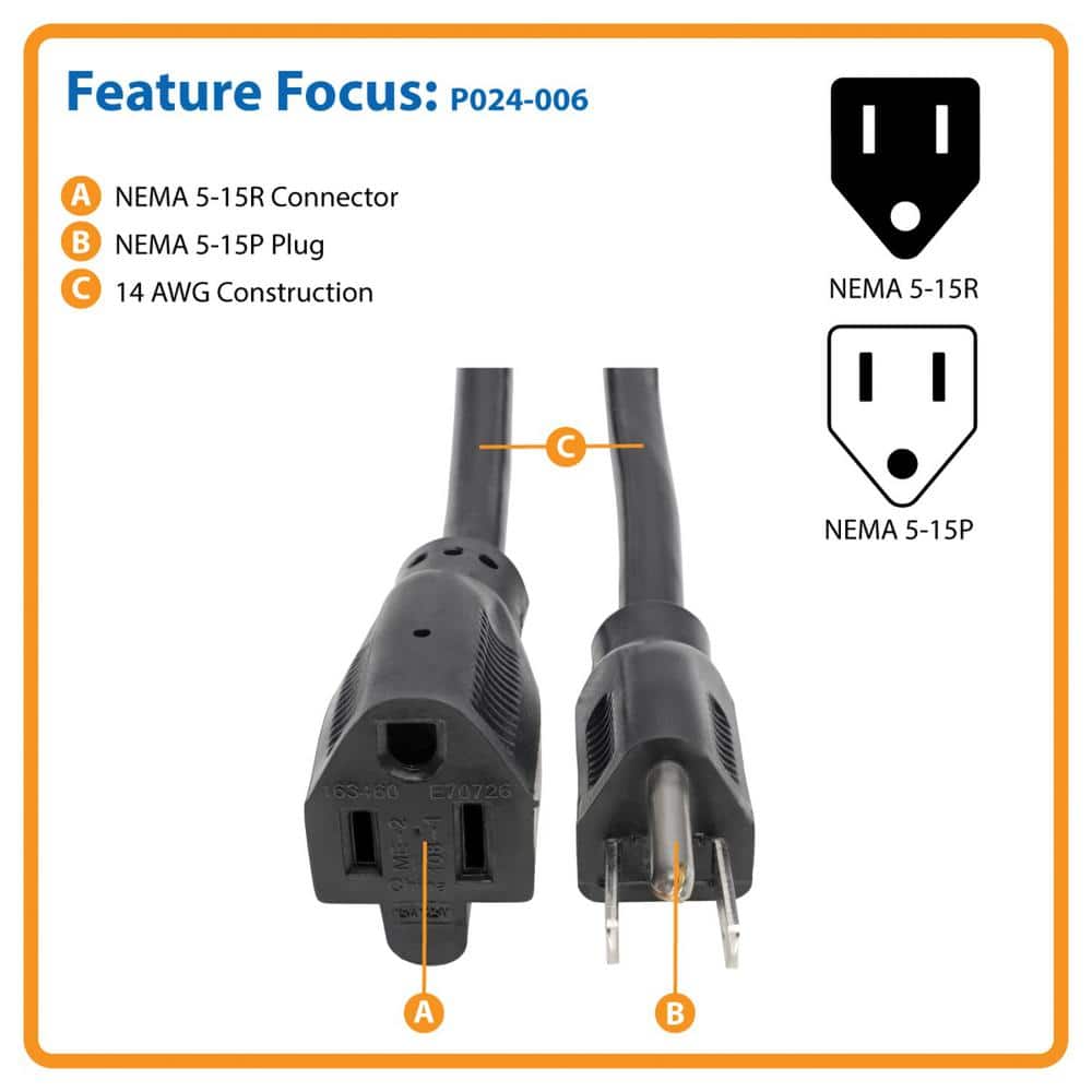 6-Foot Black Heavy-Duty 15-Amp Power Extension Cord