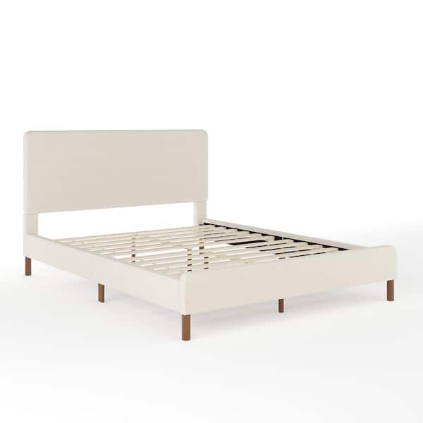 MARTHA STEWART Britta Beige Wood Frame Queen Platform Bed with Upholstered Solid Wood