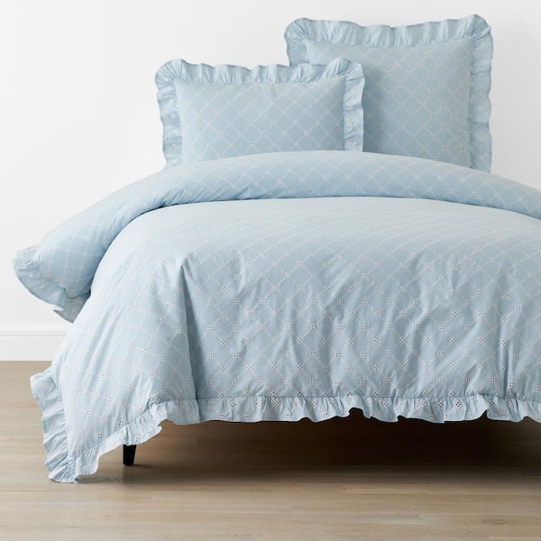 The Company Store Company Cotton Eyelet Ruffle Yarn-Dyed Blue Queen Cotton Percale Duvet Cover