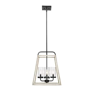 Bonnie 15.875 in. 4-Light Matte Black Grey Wood Hanging Pendant with Clear Glass