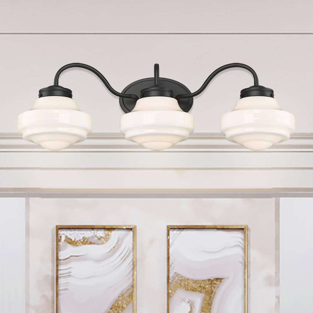 Matte Black and White Glass 3-Light Bath Vanity Fixture