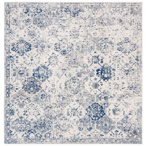 Madison White/Royal Blue Doormat 3 ft. x 3 ft. Border Floral Medallion Geometric Square Area Rug