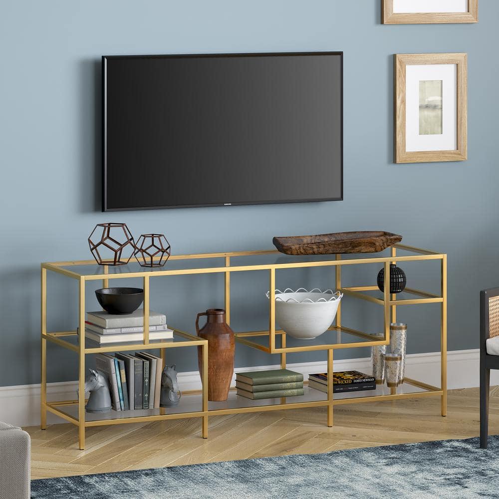 Deveraux 58" Glam Brass TV Stand with Tempered Glass Shelves