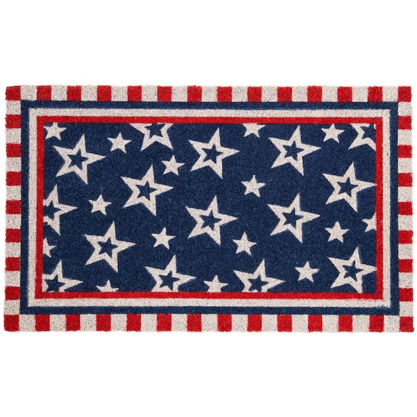 Blue and Red Americana Stars and Striped Border Coir Outdoor Doormat 18" x 30"