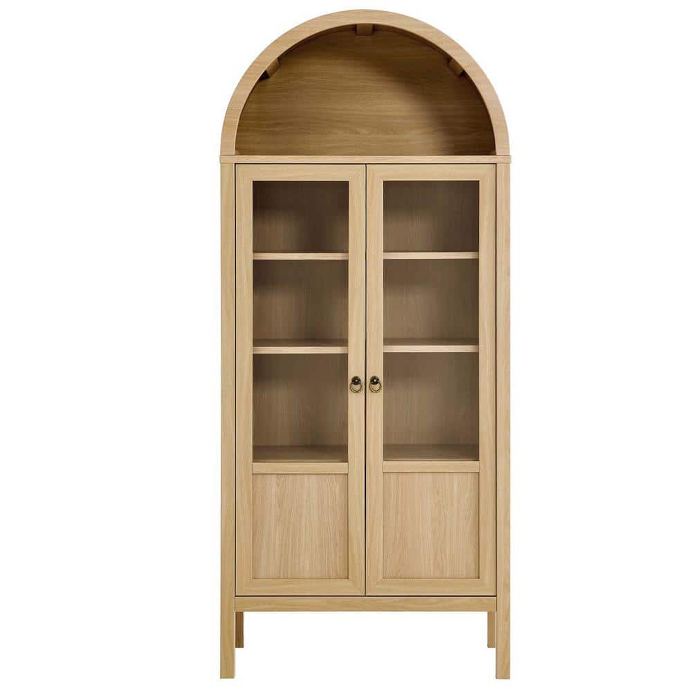 Tessa Tall Oak Arched Storage Display Cabinet with Glass Doors