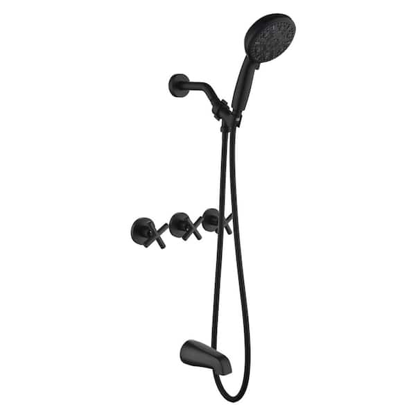 Triple Handle 10-Spray Wall Mounted Tub and Shower Faucet 1.8 GPM Brass Shower System in Matte Black Valve Included