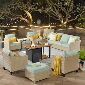 Oconee 8-Piece Wicker Outdoor Patio Conversation Sofa Seating Set with a Storage Fire Pit and Light Green Cushions