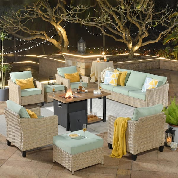 HOOOWOOO Oconee 8-Piece Wicker Outdoor Patio Conversation Sofa Seating Set with a Storage Fire Pit and Light Green Cushions