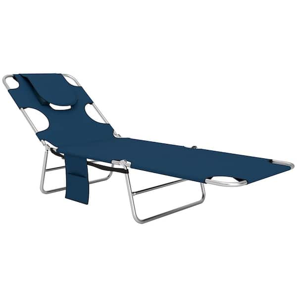 Metal Outdoor Folding Beach Lounge Chair with Face Hole and Arm Slots, 5-level Adjustable Chaise Lounge, Dark Blue
