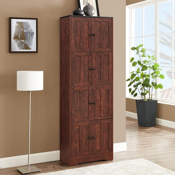 Bnuina 24 in. W x 12.8 in. D x 72.4 in. H Brown Tall Linen with 8 Doors and 4 Shelves in