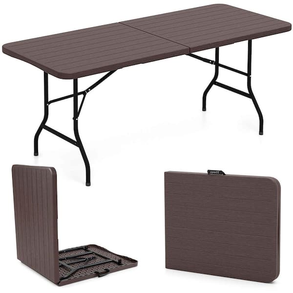 Costway 71 in. Black Iron Retangle Metal Portable Folding Table with Wood Grain HDPE Brown Tabletop Safe Lock Mechanism