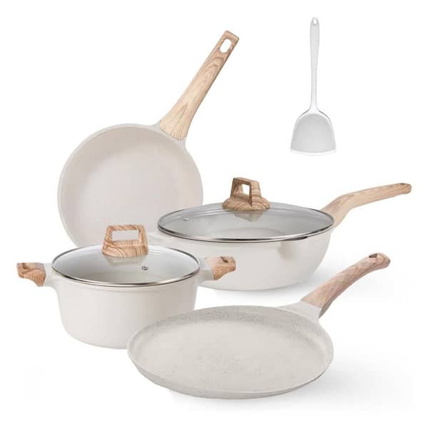 7-Piece White Nonstick Granite Cookware Set Die-Cast Aluminum Induction Compatible with Saucepan Frying Crepe Pan