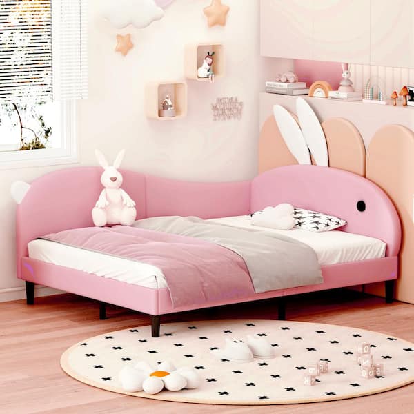 Harper & Bright Designs Pink Full Size PU Upholstered Rabbit-Shape Daybed with Cute Rabbit Ear Headboard