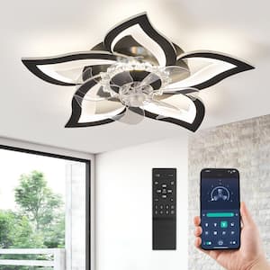 27 in. Indoor Matte Black Flush Mount 3-Colors LED 6-Speeds Flower Shape Ceiling Fan with Light Kit and Remote Control