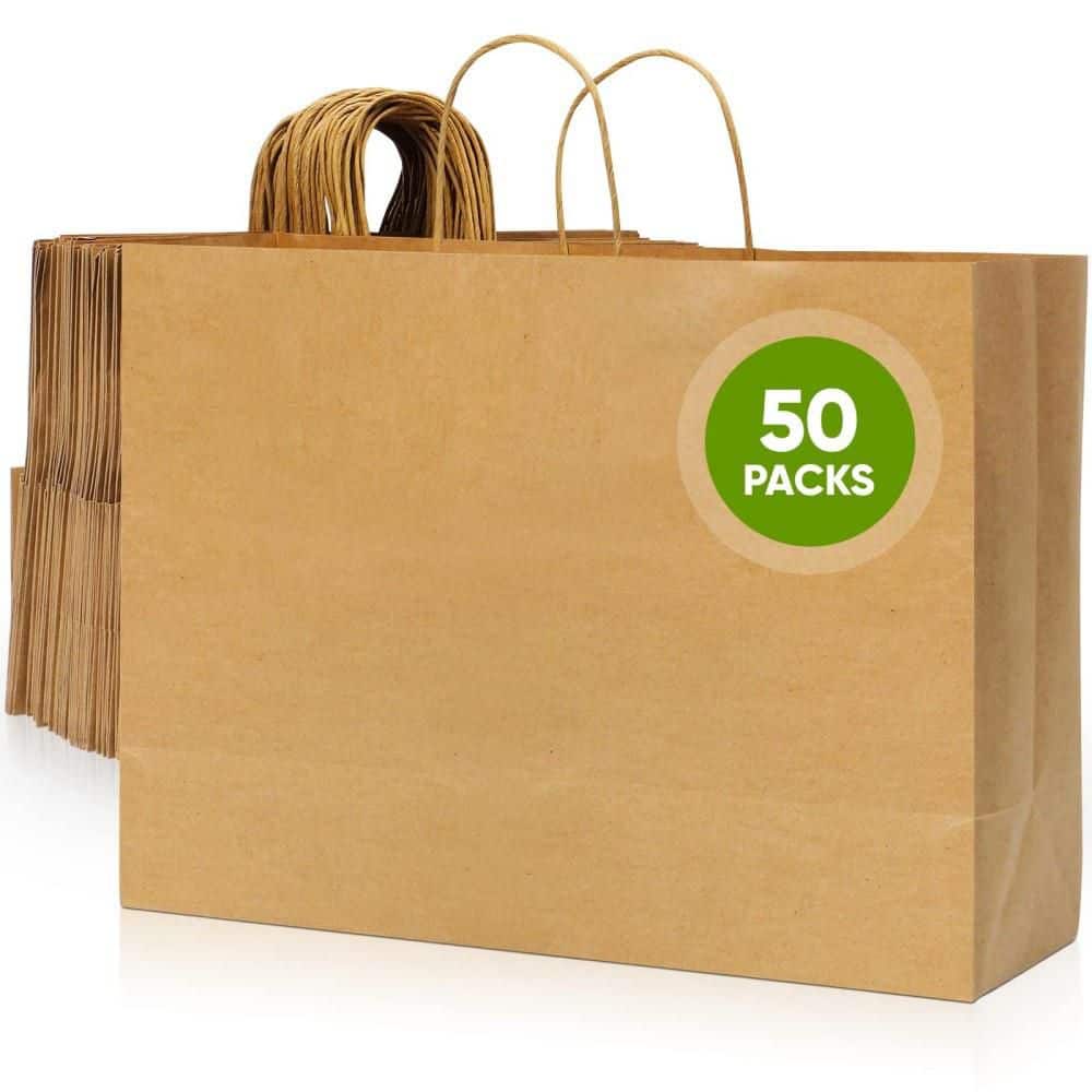 16 in. Brown Reusable Kraft Paper Grocery Bags with Handles, Heavy Duty, Set of 50 for Retail, Christmas Party Favors price history on PriceWatchPro