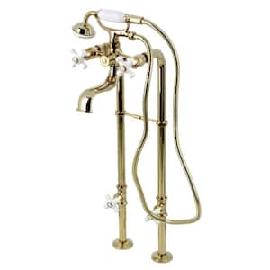 Kingston 3-Handle Freestanding Tub Faucet with Supply Line and Stop Valve in Polished Brass