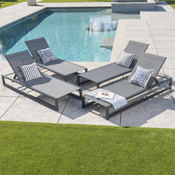 Noble House Javier Black Adjustable 4-Piece Metal Outdoor Patio Chaise Lounge