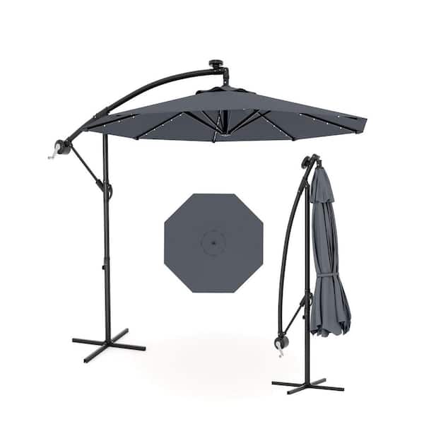 10 ft. Steel Solar LED Lighted Cantilever Offset Patio Umbrella with Crank Lift & Cross Base in Gray