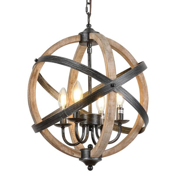 Jushua 4-Light Farmhouse Wood Global Cage Chandelier, Hanging