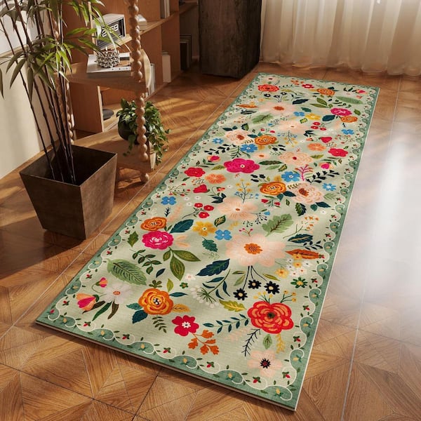 2 X 6 Green Boho Floral Runner Rug for Hallways Kitchen Rug Non Slip Washable