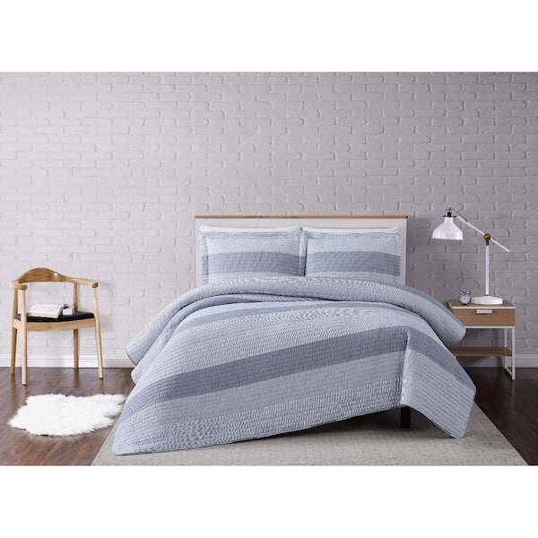 Truly Soft 3-Piece Grey Multi Stripe King Quilt Set