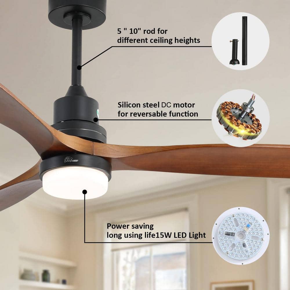 52" Black and Dark Wood-Grain Modern Ceiling Fan with Remote
