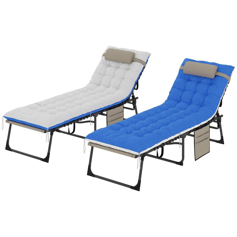 2-Piece Metal Folding Outdoor Chaise Lounge Chair with Brown/Blue Cushion, 