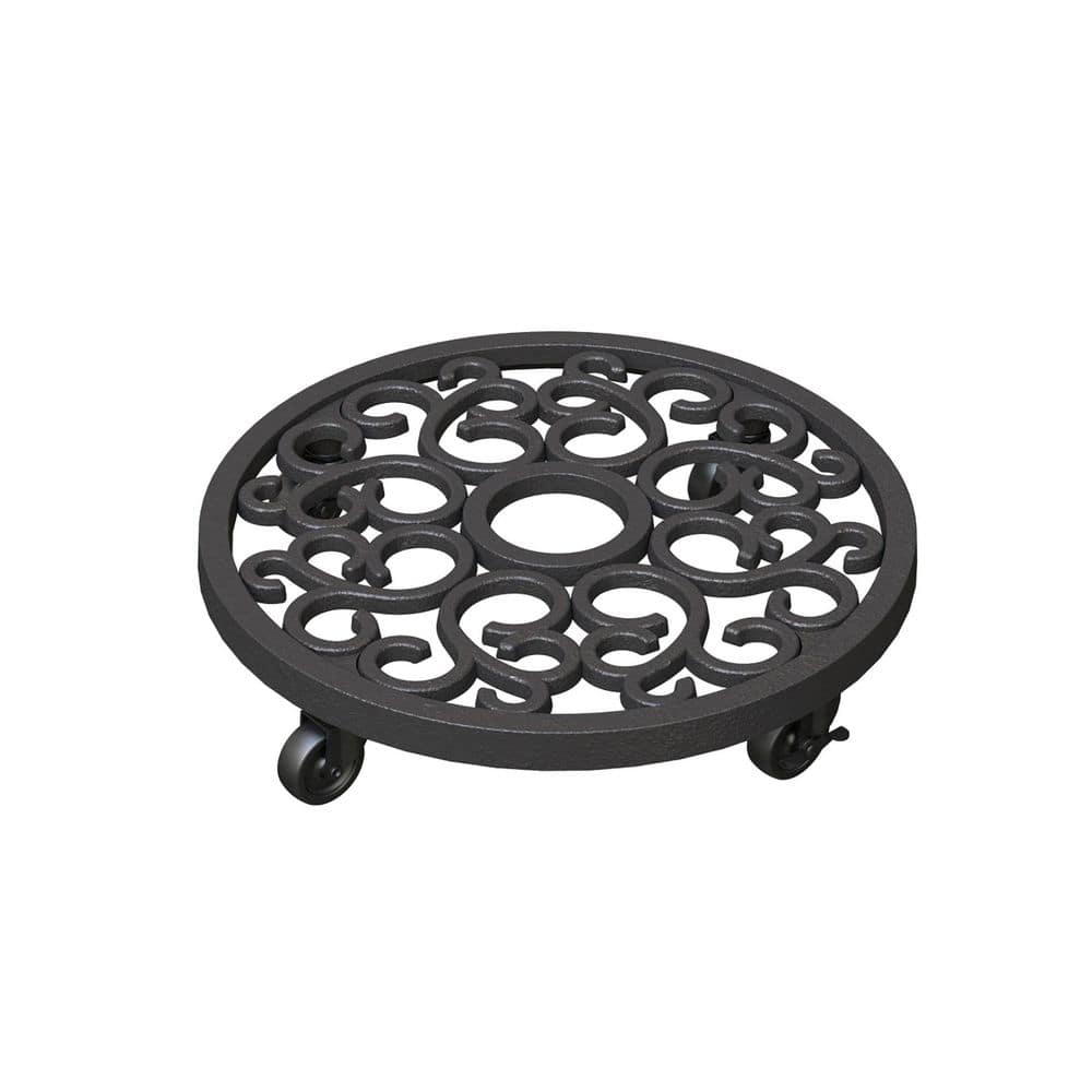12 in. HD Scroll Cast Iron Metal Plant Pot Caddy, Black 3 in. Tall