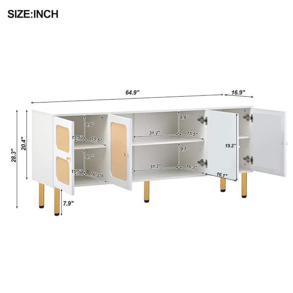 Tileon White Woven Media Console Table for TVs Up to 70 in., Country Style Design Sideboard with Gold Metal Base