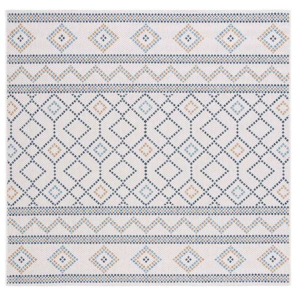 Courtyard Ivory/Navy Yellow 7 ft. x 7 ft. Geometric Modern Indoor/Outdoor Square Area Rug