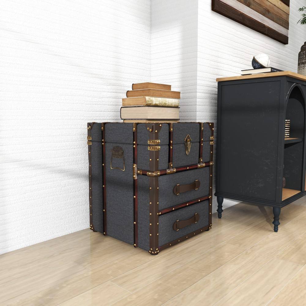 Dark Blue Linen Upholstered Wood End Table with Storage