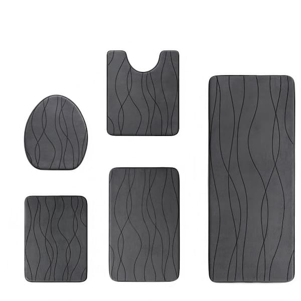 Memory Foam 5 Piece Bathroom Rug Set in Dark Grey, 20 in. x 46 in. Ultra Absorbent Non Slip Bath Mats for Bathroom