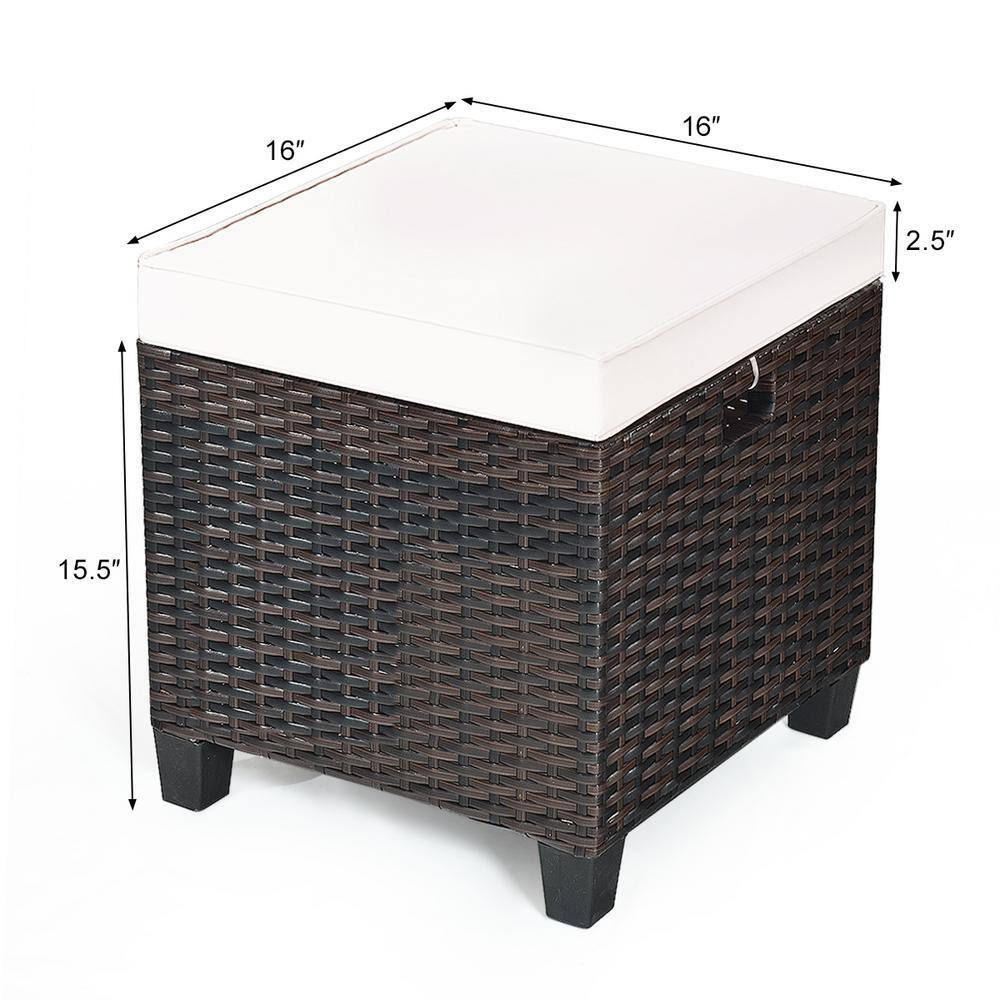 Mix brown wicker outdoor ottoman with white cushion and dimension measurements.