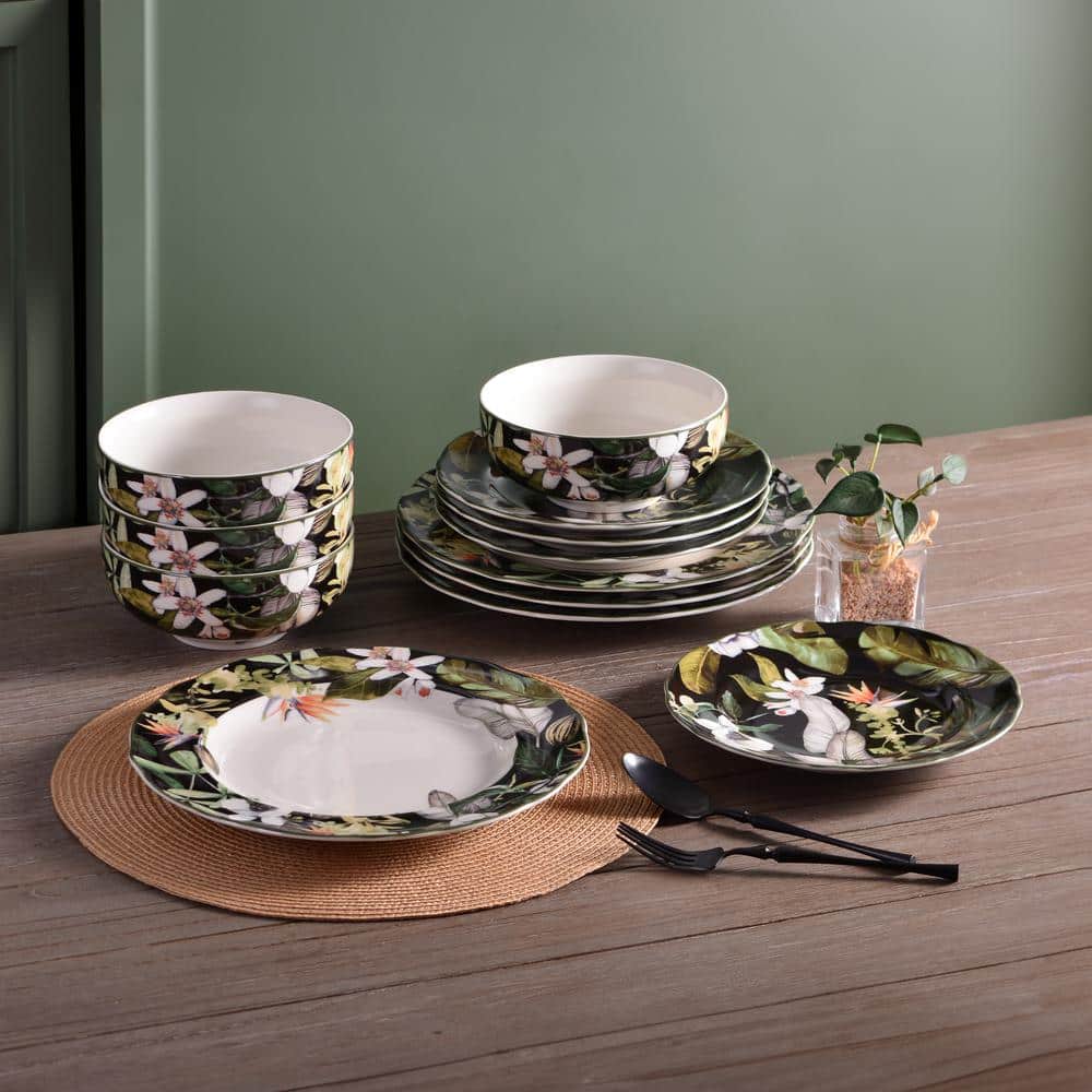 Borneo Black Floral Porcelain 12-Piece Dinnerware Set