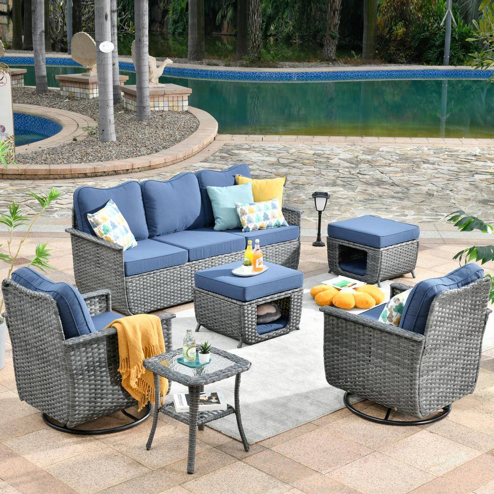 HOOOWOOO Sierra Black 6-Piece Wicker Pet Friendly Patio Conversation ...